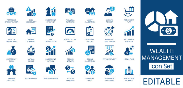 Wealth Management and Financial Planning solid icon set. Contains symbols for Investment Strategy, Retirement Plan, and Portfolio. Flat vector design for financial advisors and investment services.