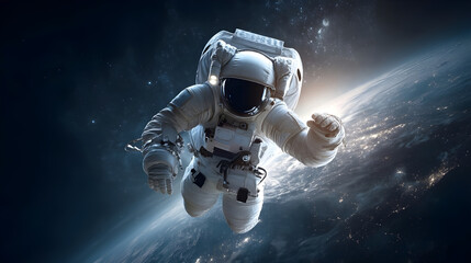 Astronaut floating in space, surrounded by stars and planets, showcasing the vastness of the universe