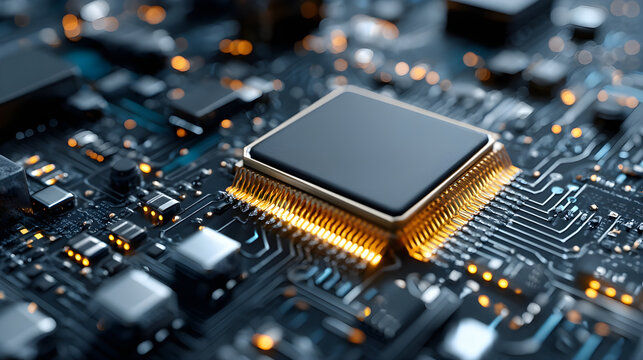 Close-up of a computer microprocessor on a circuit board showcasing intricate electronic details