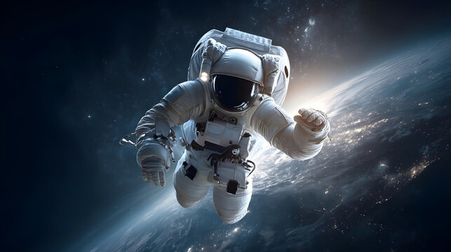 Astronaut floating in space, surrounded by stars and planets, showcasing the vastness of the universe