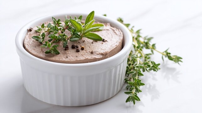 A white ramekin holds a savory pate, garnished with fresh thyme sprigs and peppercorns, on a marble surface. The simple yet elegant presentation highlights the dish.