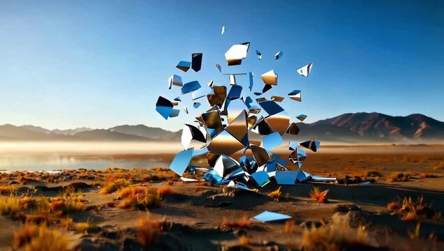 Dynamic Abstract Geometric Shards Exploding and Scattering Across a Barren Landscape.
