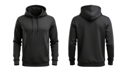 A man is wearing a black hoodie t-shirt, both on the front and back sides.