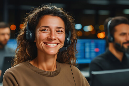 Smiling customer service agent with headset in call center office environment working night shift with colleagues