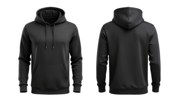 A man is wearing a black hoodie t-shirt, both on the front and back sides.