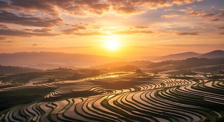 Naklejka premium Rice Terraces at Sunset Spectacular Mountain Landscape with Glowing Sky
