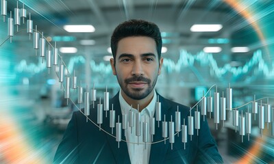 Confident investor analyzing market trends in real time, seeking financial success and data driven decisions for strategic investment growth