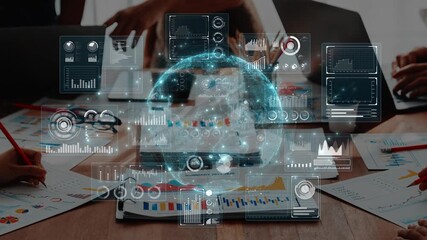 A group of professionals collaborates in a modern office, examining various data visualizations. They utilize technology to analyze market trends and strategies. Raster - Powered by Adobe