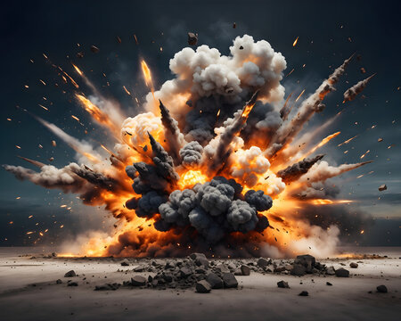 An explosion of fire, bomb, blast, riots, explode smoke