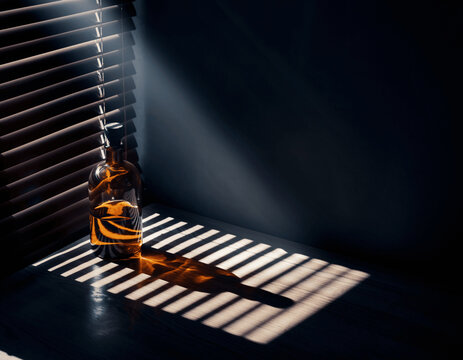 Beam of light passing through window blinds onto  glass bottle