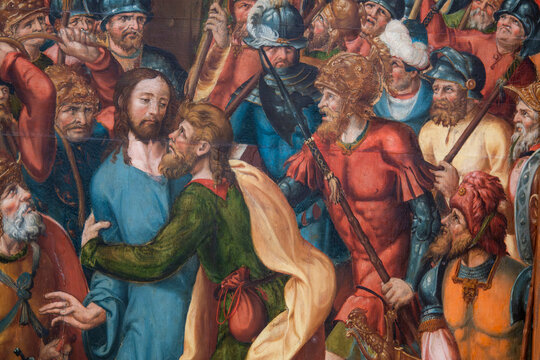 Painting (19th century) of Jesus receiving kiss of Judas.