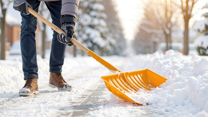 close up of someone pushing a yellow snow shovel to clear a snowy sidewalk during a cold bright winter morning
