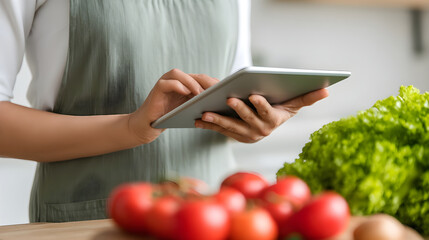 Woman in apron using tablet while preparing fresh vegetables in a modern kitchen setting