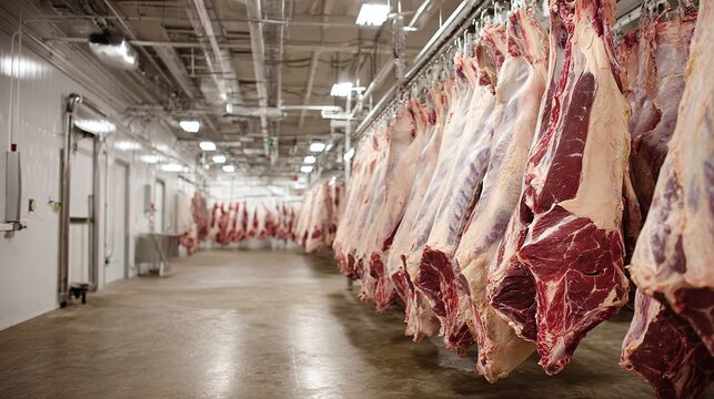 A long, chilling view down a pristine meat processing plant with rows of butchered carcasses on display, hinting at the world of food production behind the scenes.