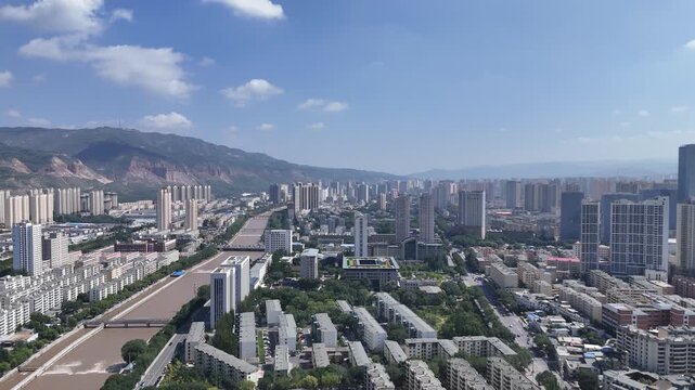 Xining City Skyline Aerial Shot - Blue Sky and White Clouds