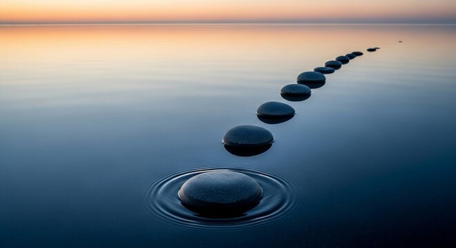 Stunning zen stones leading into a peaceful horizon evoke tranquility and balance, perfect for wellness brands and mindfulness campaigns - Powered by Adobe