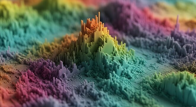 Dynamic, vibrant 3D block landscape with stunning rainbow gradient colors for modern technology or abstract data visualizations in presentations - Powered by Adobe