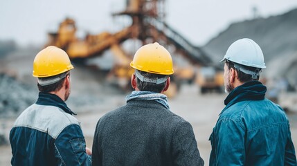 Three construction workers, clad in protective gear, gaze towards a quarry. The scene emphasizes their roles in construction or mining with quarry as backdrop, they stand together.