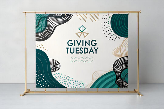 Decorative Giving Tuesday banner with geometric symbol and abstract teal-black-beige background promoting generosity and global giving.  generative ai
