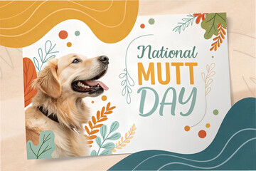 Colorful National Mutt Day graphic with happy mixed-breed dog and abstract leaf shapes in warm tones.  generative ai