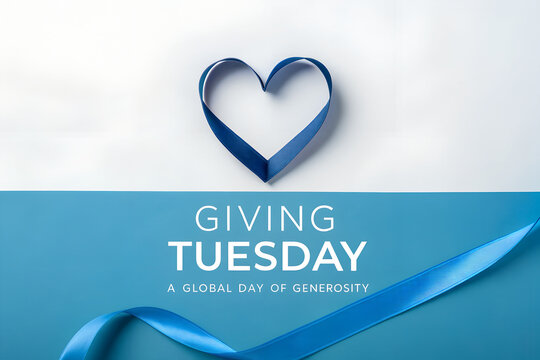 Giving Tuesday graphic with blue ribbon heart and flowing accents on gradient background celebrating global generosity and kindness.  generative ai