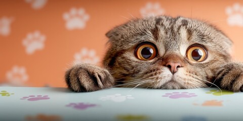 Adorable Scottish Fold Kitten Peeking Over Edge with Wide Eyes and Paw Prints, Ready for Cuteness Overload.