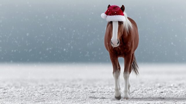 Festive Chestnut Horse in Snowy Landscape A Charming Holiday Scene with Santa Hat. A Touch of Winter Magic