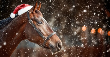 Festive Horse Portrait A Brown Horse Wearing a Santa Hat in a Snowy Winter Scene, Holiday Spirit