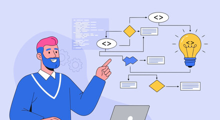 Businessman in blue suit with red beard and glasses pointing at a flowchart with various icons and a lightbulb