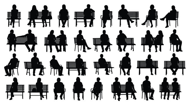 People sitting on benches and chairs silhouettes set, men & women resting and waiting in various poses, vector illustration collection isolated  white background