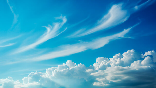 Vibrant blue sky with wispy cirrus and fluffy cumulus clouds on a bright day