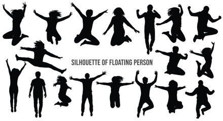 Set of jumping and floating people silhouettes, men and women celebrating, flying and levitating in various poses, vector illustrations isolated on white background