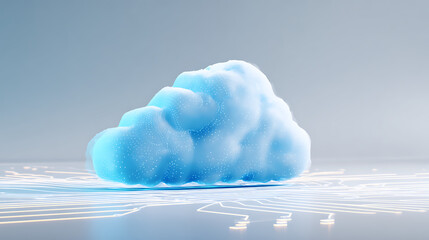 Luminous blue cloud resting on glowing circuitry white technology