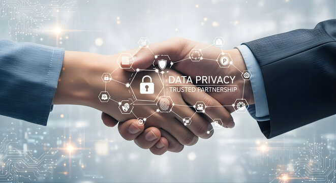 A handshake between two people with an overlay of data privacy icons and the text "DATA PRIVACY TRUSTED PARTNERSHIP".
