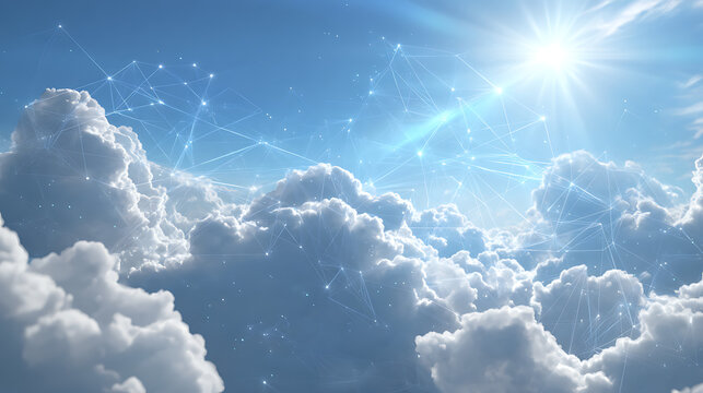 Luminous celestial network above fluffy white clouds connection light