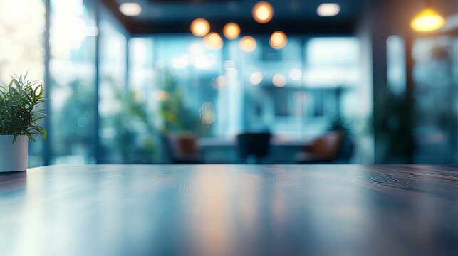 Imagine your product here on this modern wooden surface against a blurred office backdrop, perfect for showcasing professional services and tech innovations