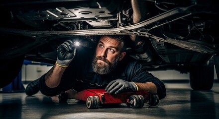 Expert mechanic inspecting car chassis with flashlight, ensuring vehicle safety and performance in auto repair shop, offering reliable maintenance service
