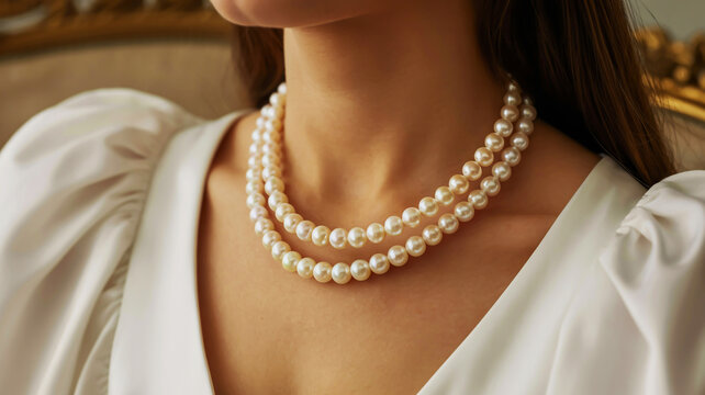 Closeup of a woman wearing a double strand of lustrous creamcolored pearl necklace