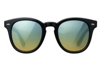 Black frame sunglasses with mirrored yellow and blue gradient lenses, summer fashion accessory with transparent background