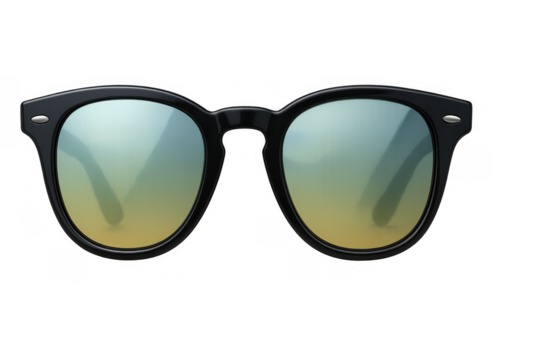 Black frame sunglasses with mirrored yellow and blue gradient lenses, summer fashion accessory with transparent background