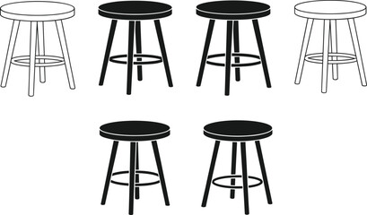 Set of Six Round Bar Stools Vector Illustration Black and White Outline Silhouette Icons