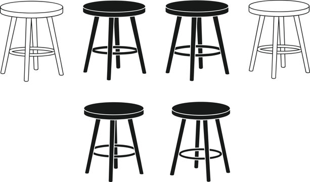 Set of Six Round Bar Stools Vector Illustration Black and White Outline Silhouette Icons