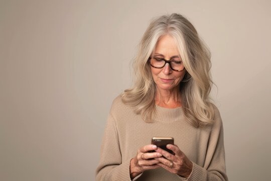 Mujer adulta usando smartphone en un entorno minimalista, Retrato moderno de mujer adulta con m&oacute;vil sobre fondo neutro, mujer de 60 a&ntilde;os mirando redes sociales, mujer silver generation aislada