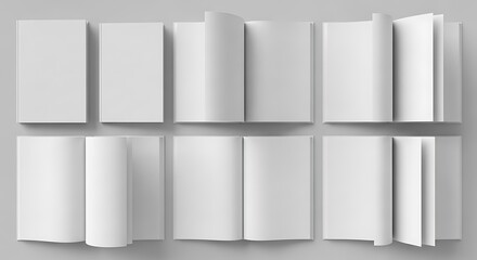 Collection of multiple blank book and magazine mockups in various open and closed positions, showcasing empty pages for design presentation