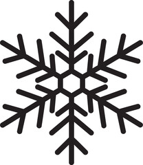 A simple black line drawing of a symmetrical six-pointed snowflake icon isolated on a white background.