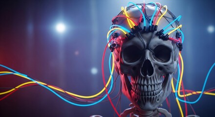 Human skull in a skeleton with colorful wires and glowing neural network connected. Artificial intelligence concept, AI technology.