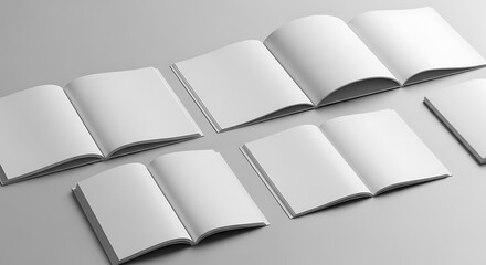 Multiple blank open books and magazines with empty white pages arranged diagonally on a light gray background, perfect for mockups