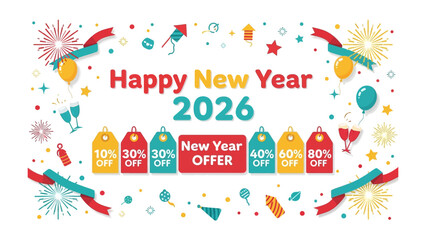 New Year Offer 2026 Celebration: A vibrant new year offer is displayed, with fireworks, confetti, balloons and ribbons, creating festive ambiance to showcase new year discounts.