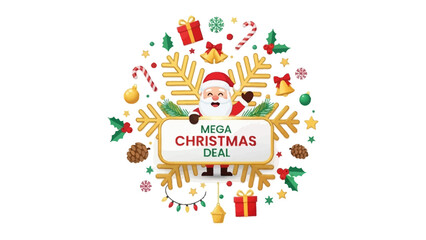 Festive Christmas Deal Illustration: A vibrant illustration showcasing Santa Claus surrounded by a variety of Christmas-themed elements, the scene promotes a Mega Christmas Deal.