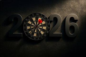 2026 numbers with dartboard target and red dart - new year goals, planning future, motivation and focus